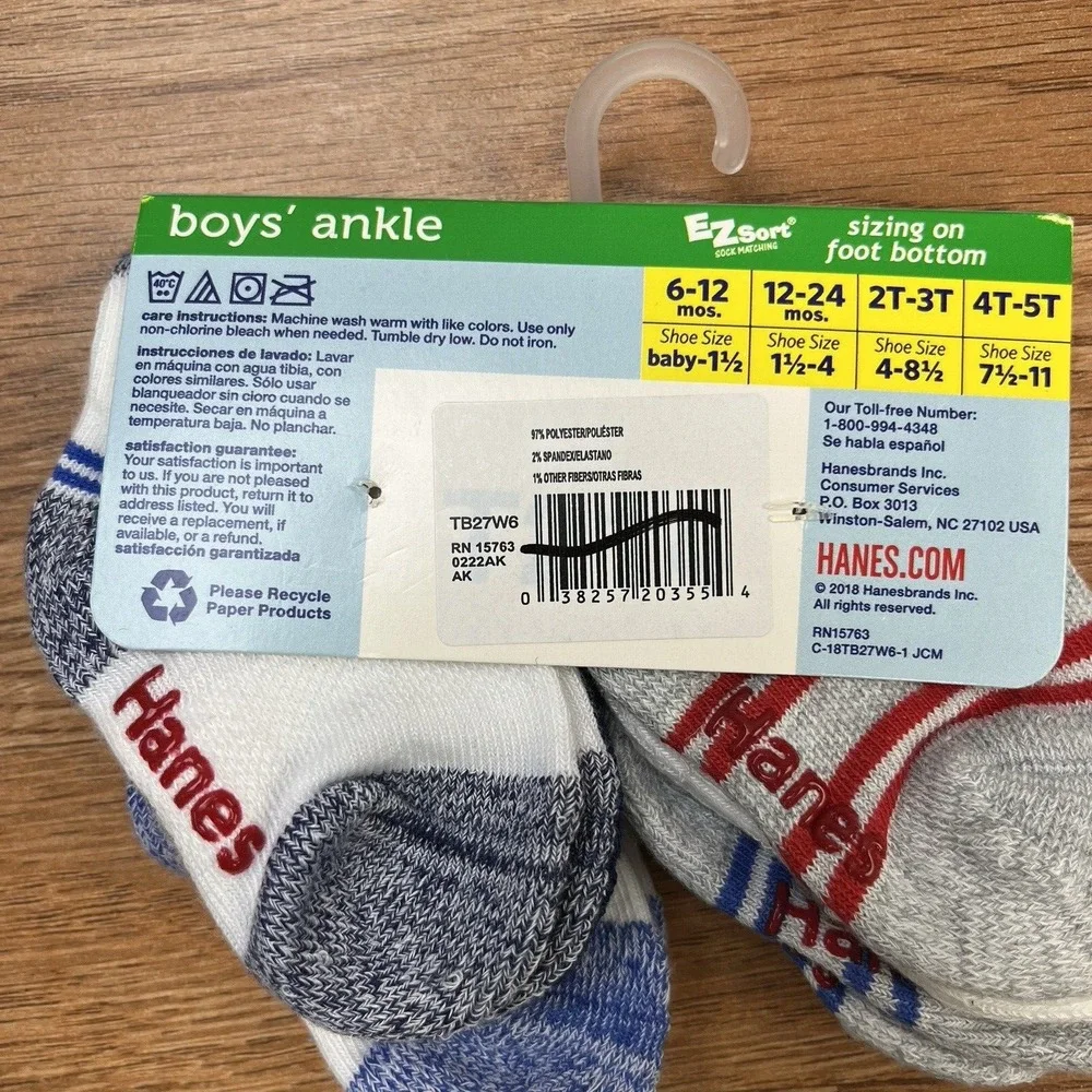 Hanes 6 Pack Infant Boys Ankle Socks Size 6-12 Months Non-Skid‎ NEW